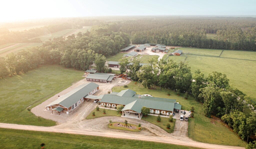 Aerial view of Almost Heaven Plantation and its lodges.